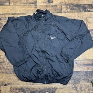 Reebok Black Nylon Track Jacket‎ Mens Size Medium Full Zip Hooded Windbreaker